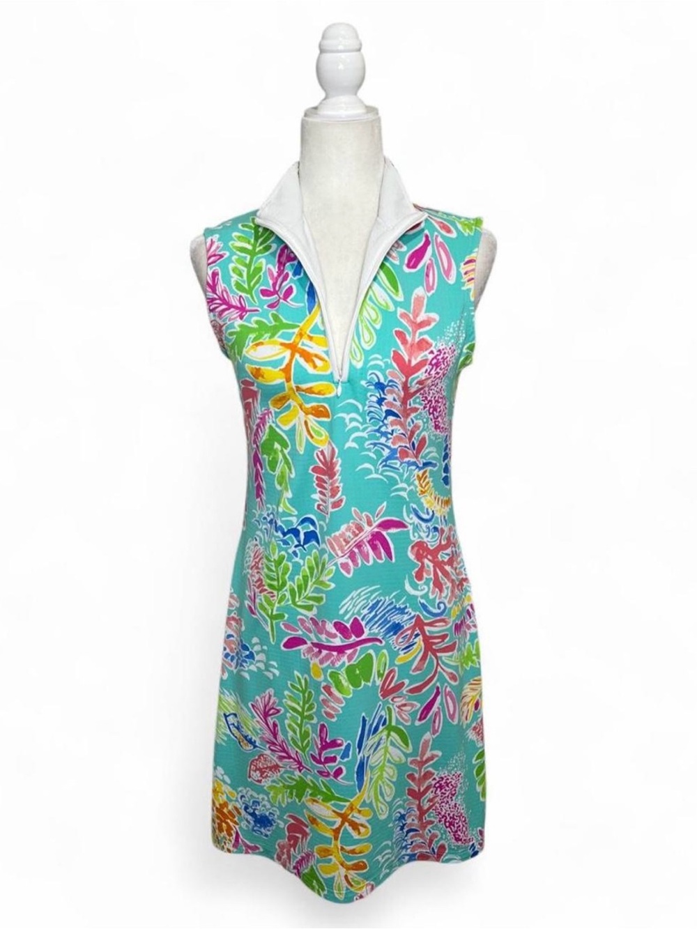 IBKUL sleeveless colorful tropical quarter zip active dress